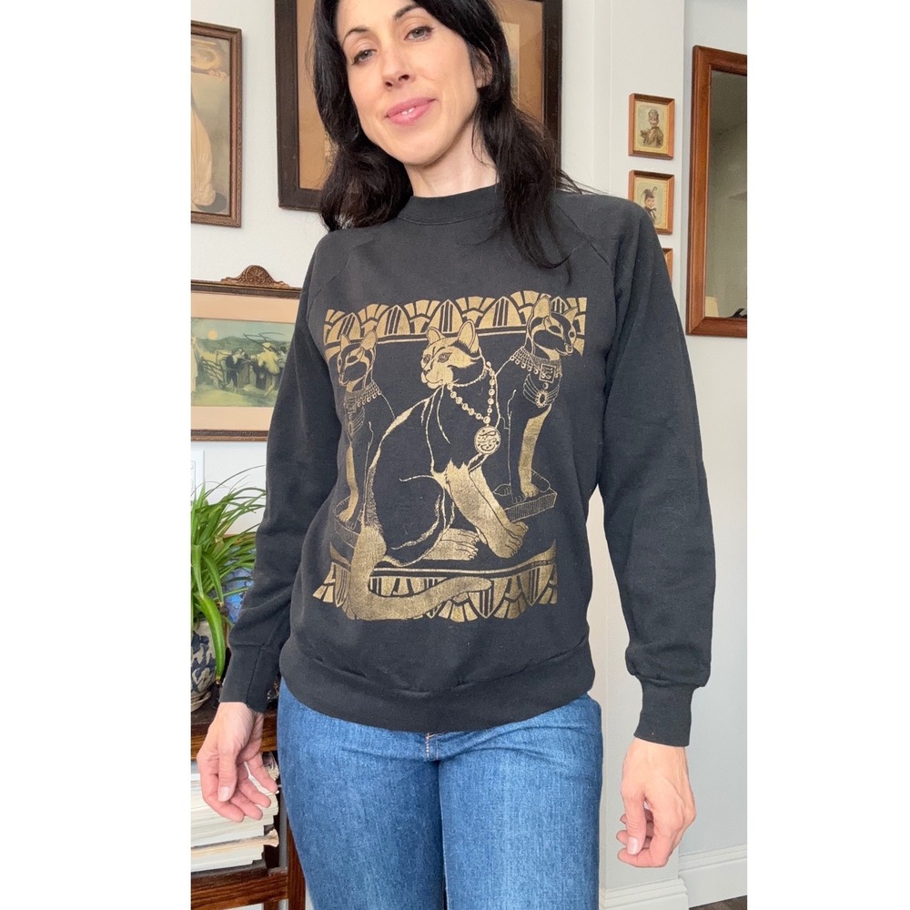 Vintage 1989 80s 90s Screen Stars Egyptian Cats Sweatshirt Gold Graphic Black - Picture 5 of 8